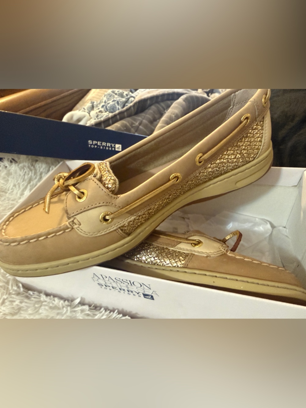 Sperry Women’s Tan and Gold Glitter Boat Shoes